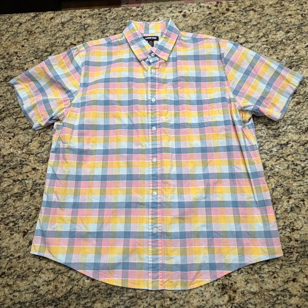 Lands End Mens XL Traditional Fit‎ Short Sleeve Plaid Button Down Shirt Pastel